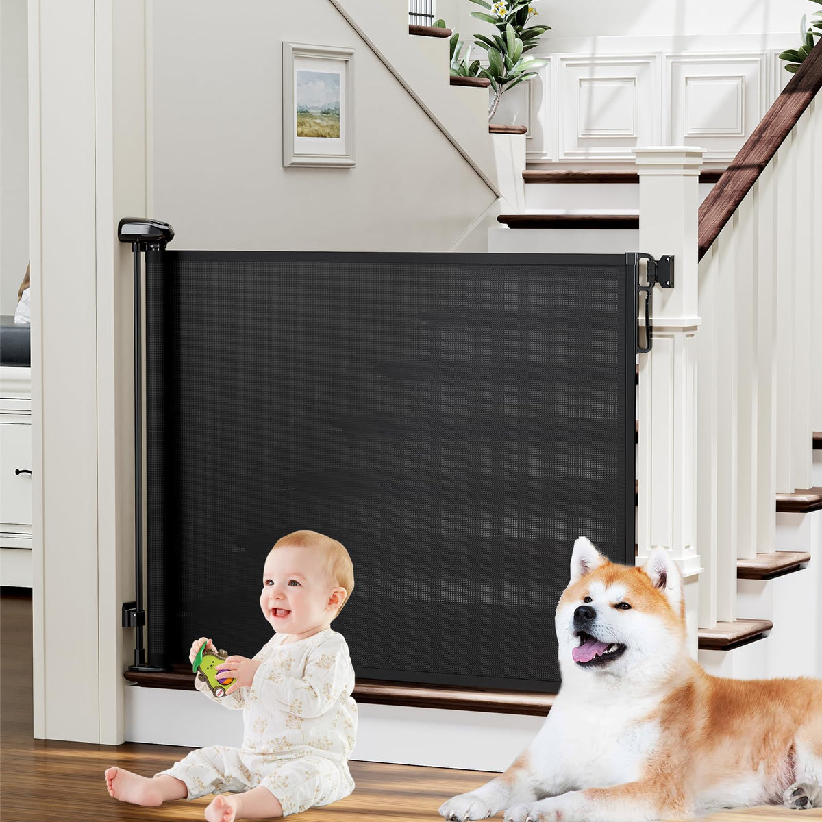 Retractable Baby & Dog Gate (A-black / 34" Tall x 72" Wide)