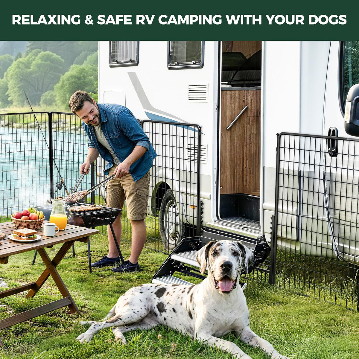 Rollick Dog Playpen with RV Step Grid for RV Camping (Black / 50"H)