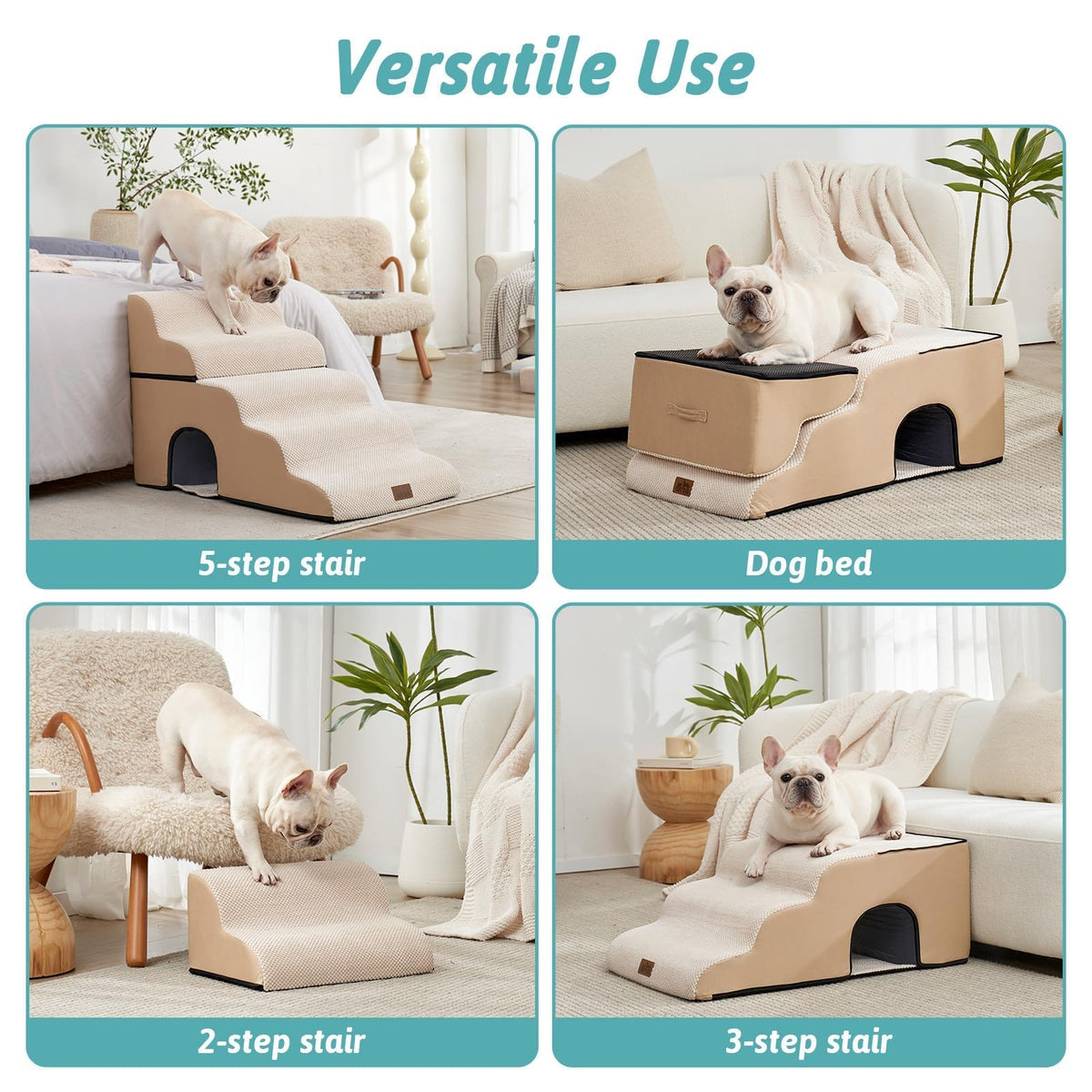 Extra Wide Small Dog Stairs with Tunnel (Beige / Detachable 19.7" x 33" x 22.4")
