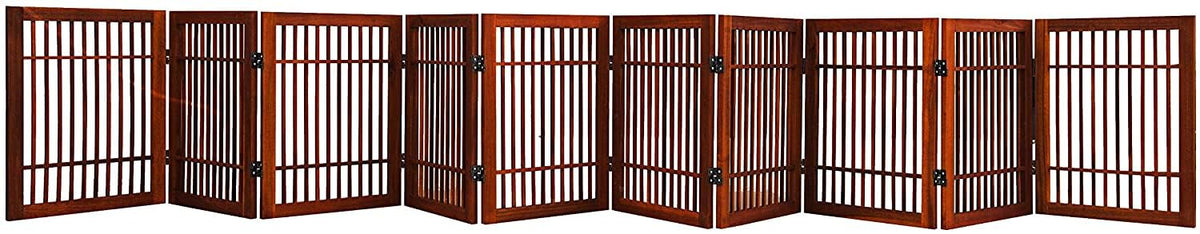 Freestanding Wooden Dog Gate Foldable Indoor Pet Gate No Drill Expandable Barrier for Doorways Stairs Hallway Portable Wood Fence for Small Dogs & Puppies (10 Panel 24" Tall / Brown Pet Gate)