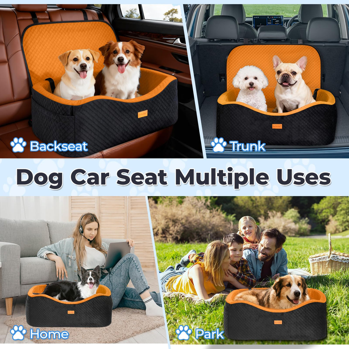 Large Dog Car Seat for Medium Sized Dogs Under 55lbs or 2 Smalls (Bright Orange / Large)