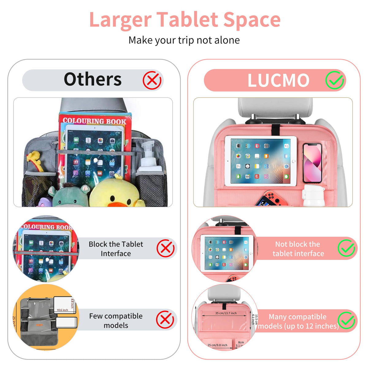Car Backseat Organizer with Foldable Tablet Holder (Pink-3 / 2 Pack with Food Tray)