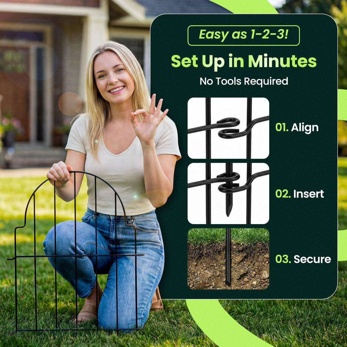 Decorative Garden Fence Panels 10 Pack (Black / 10 Pack - 16in (H) x 11ft (L))