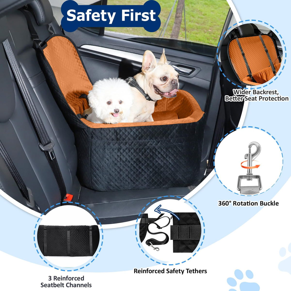 Large Dog Car Seat for Medium Sized Dogs Under 55lbs or 2 Smalls (Burnt Orange / Large)
