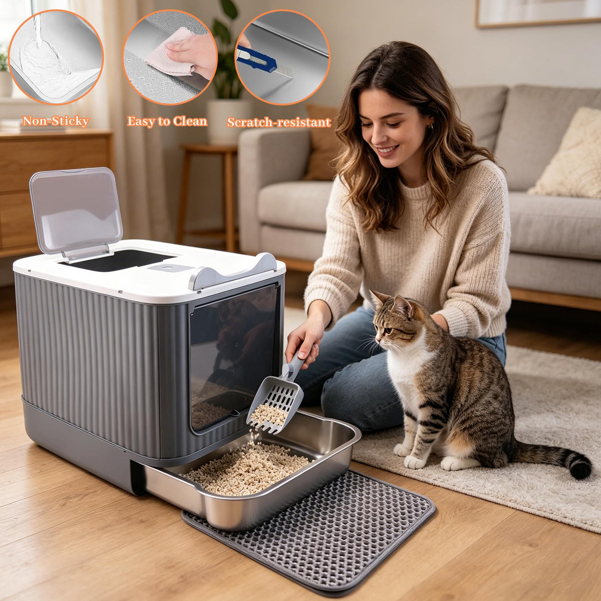 Stainless Steel Cat Litter Box Enclosed (White)