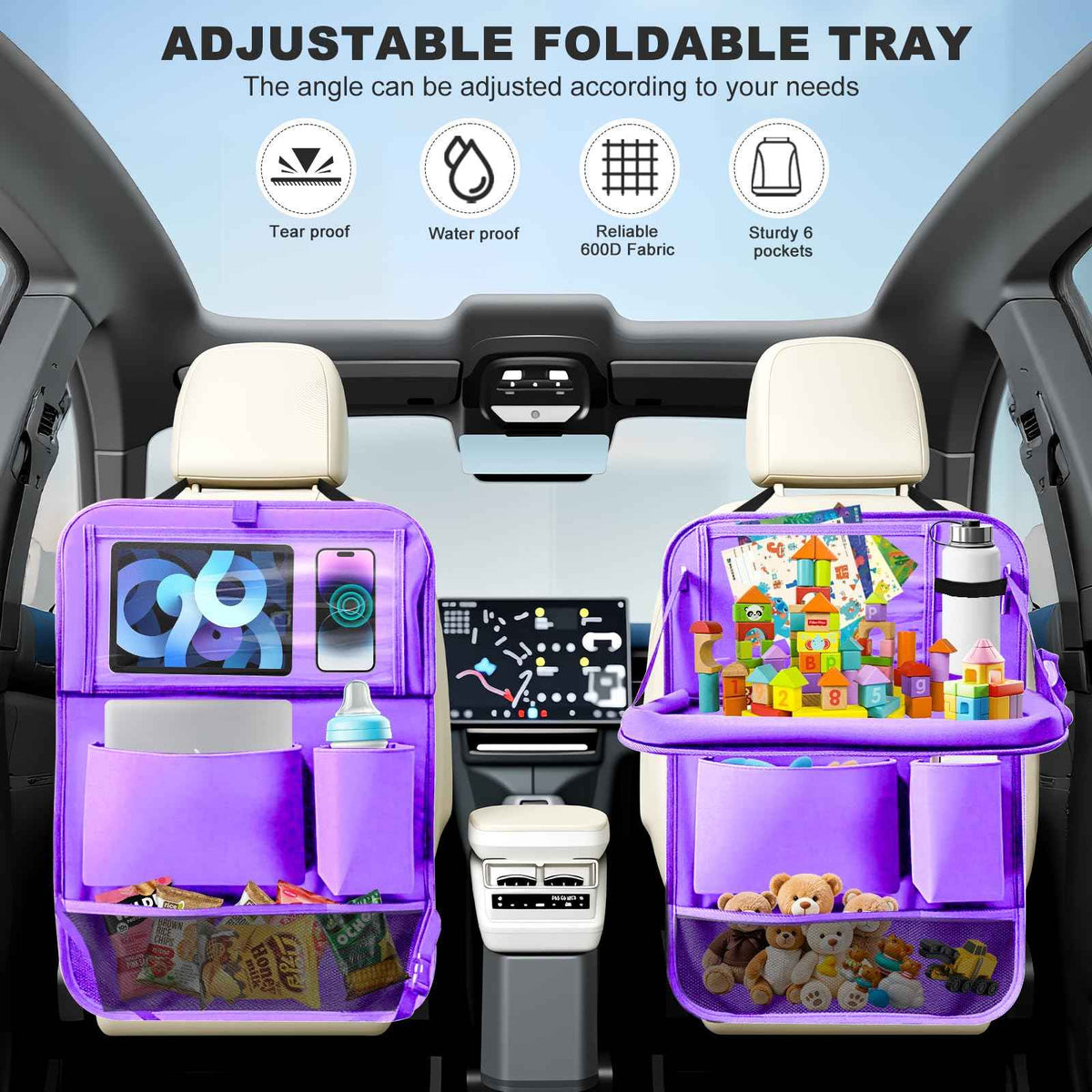 2 Pack Car Backseat Organizer with Foldable Table Tray Purple (Purple / 2 Pack with Food Tray)