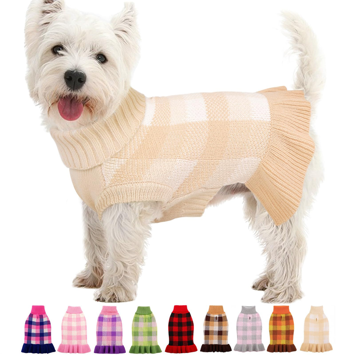 Dog Sweater Dress Plaid Knitwear for Large Dogs Girl Christmas Clothes (Beige / XXX-Large)