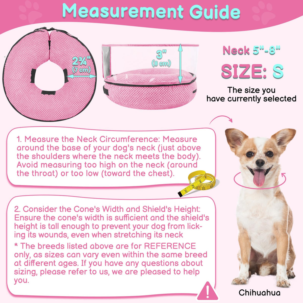 Inflatable Dog Cone with Clear Shield for Added Coverage (Pink / S (Neck: 5"-8"))