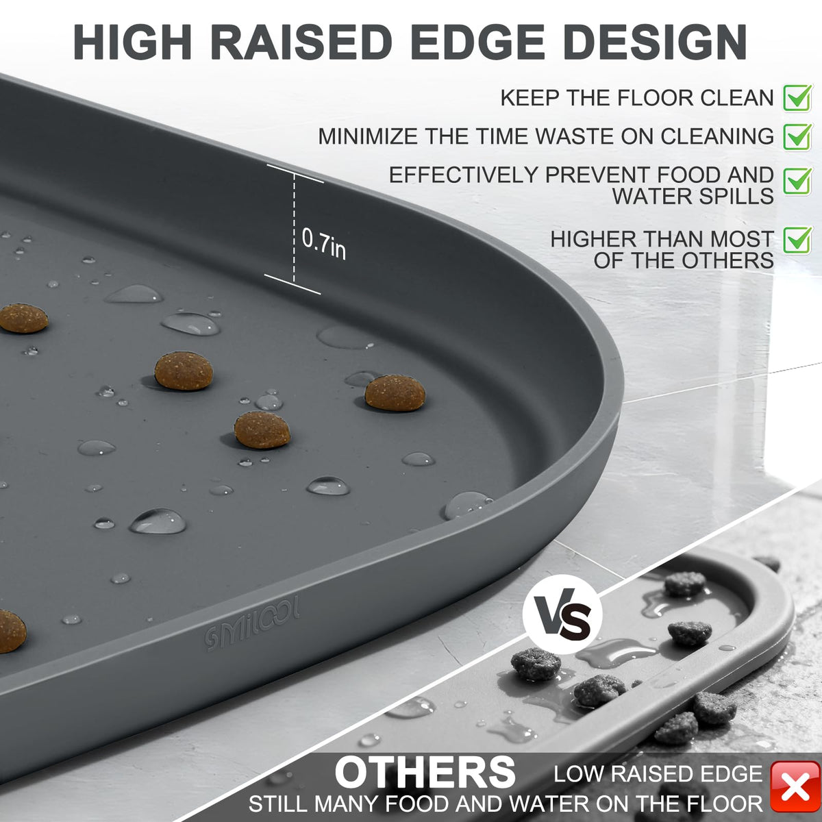Waterproof Silicone Pet Food Mat with Raised Edge for Dog & Cat (12"L x 12"W / Dark Gray)