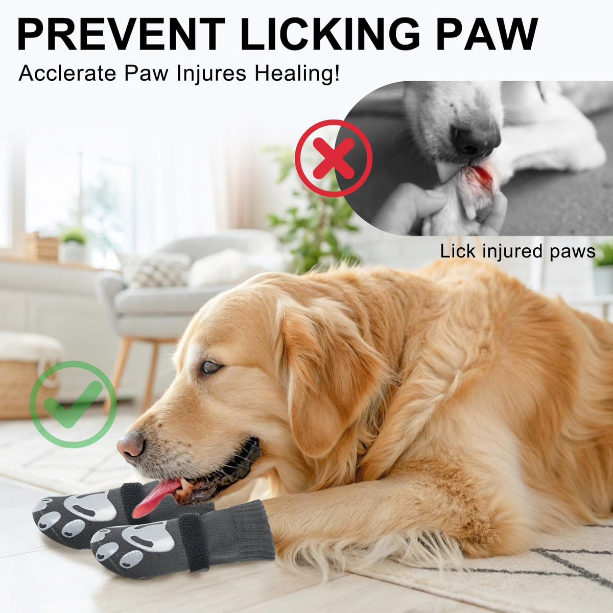Dog Socks to Prevent Licking Paws Double Sided Grip Traction (Grey(paw) / M(2.1"-2.55" W | Pack of 4))