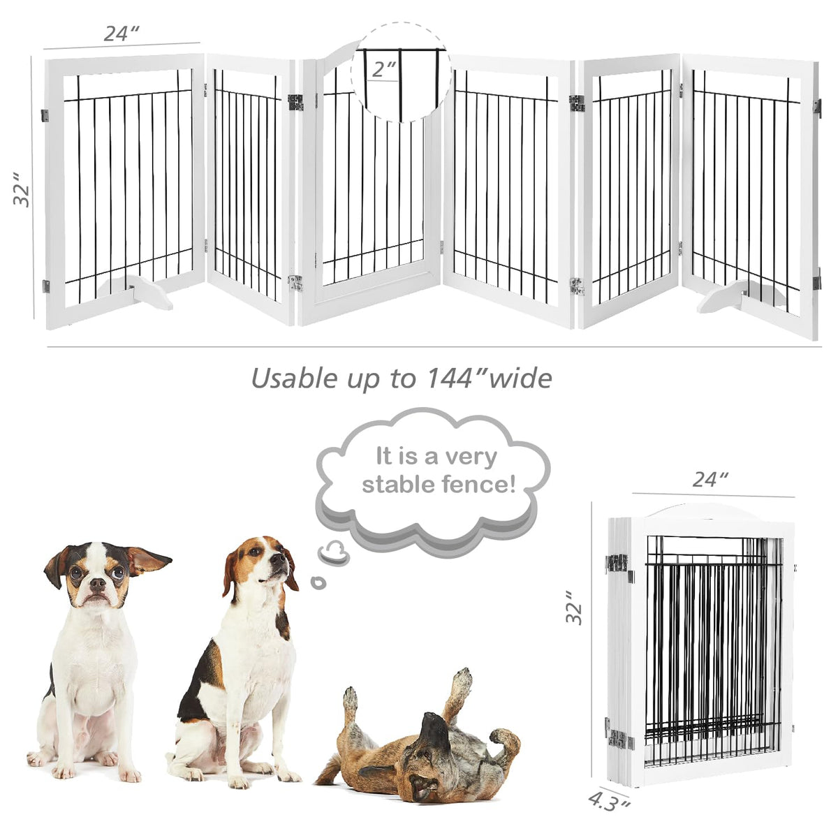 Dog Gate Indoor with Door (White / 【6 Panels with Door】144"W x 32"H)