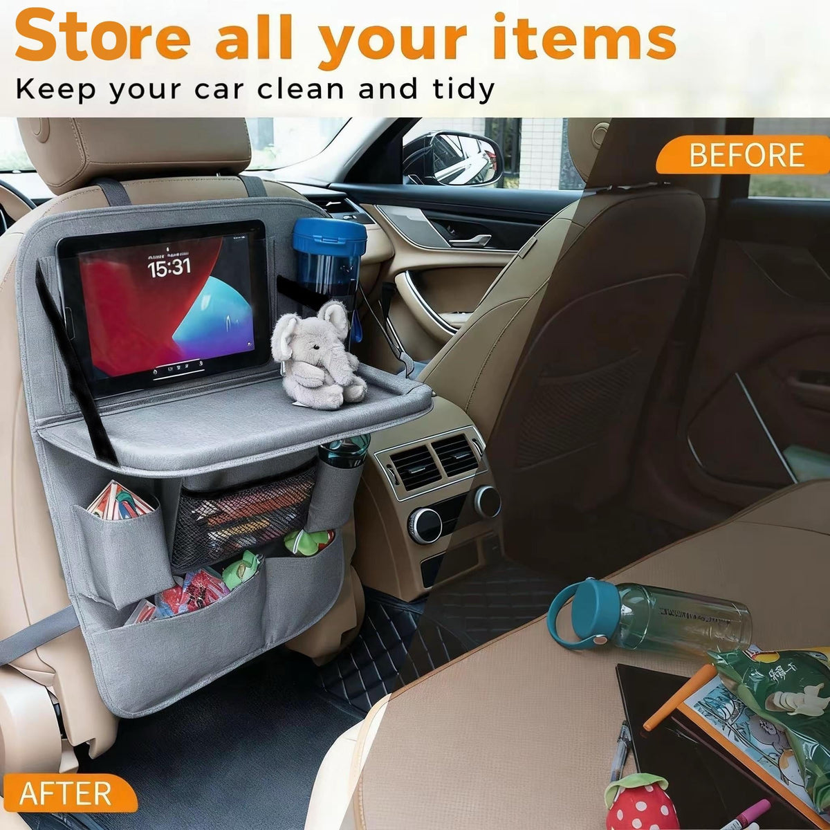Backseat Car Organizer with Tray (2 Pack / Gray)