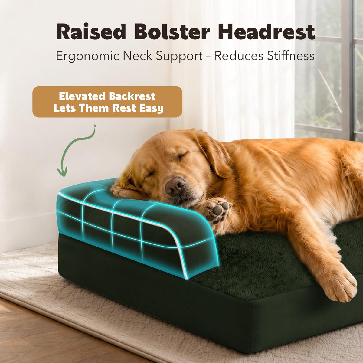 XXL Orthopedic Waterproof Dog Bed with Bolster for Extra Large Dogs (45.0"L x 35.0"W x 8.0"Th / Outpost Olive)