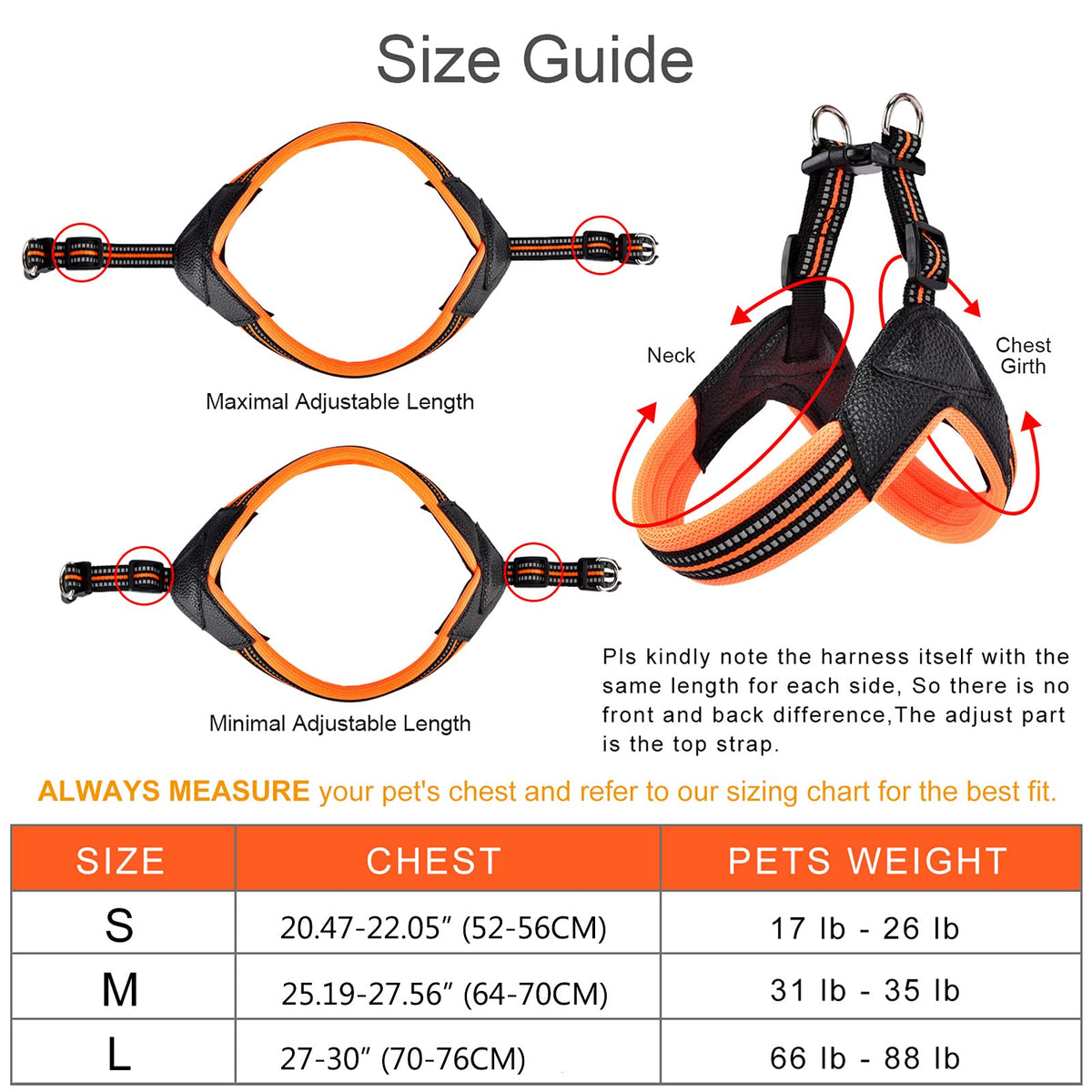 Dog Harness No Pull Ultra Soft Breathable Padded Pet Harness 2 Adjustable Botton (Orange / L)