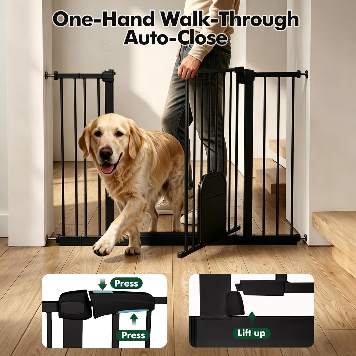 31 46“ Metal Pet Gate with Cat Door (Matte Black / 31-46"Wide,30"Tall)