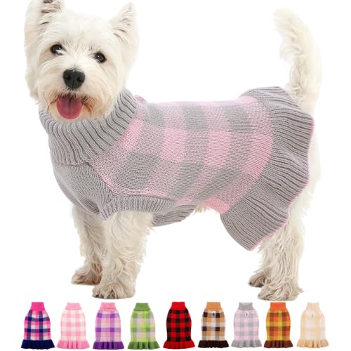 Dog Sweater Dress Plaid Knitwear for Small Dogs Girl Christmas Clothes (Grey / Small)