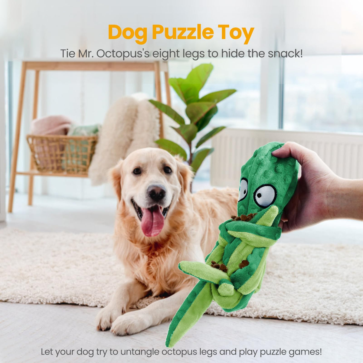 Squeaky Dog Toys No Stuffing Octopus Crinkle for Large Medium Small Dog (Octopus Yellow & Green)