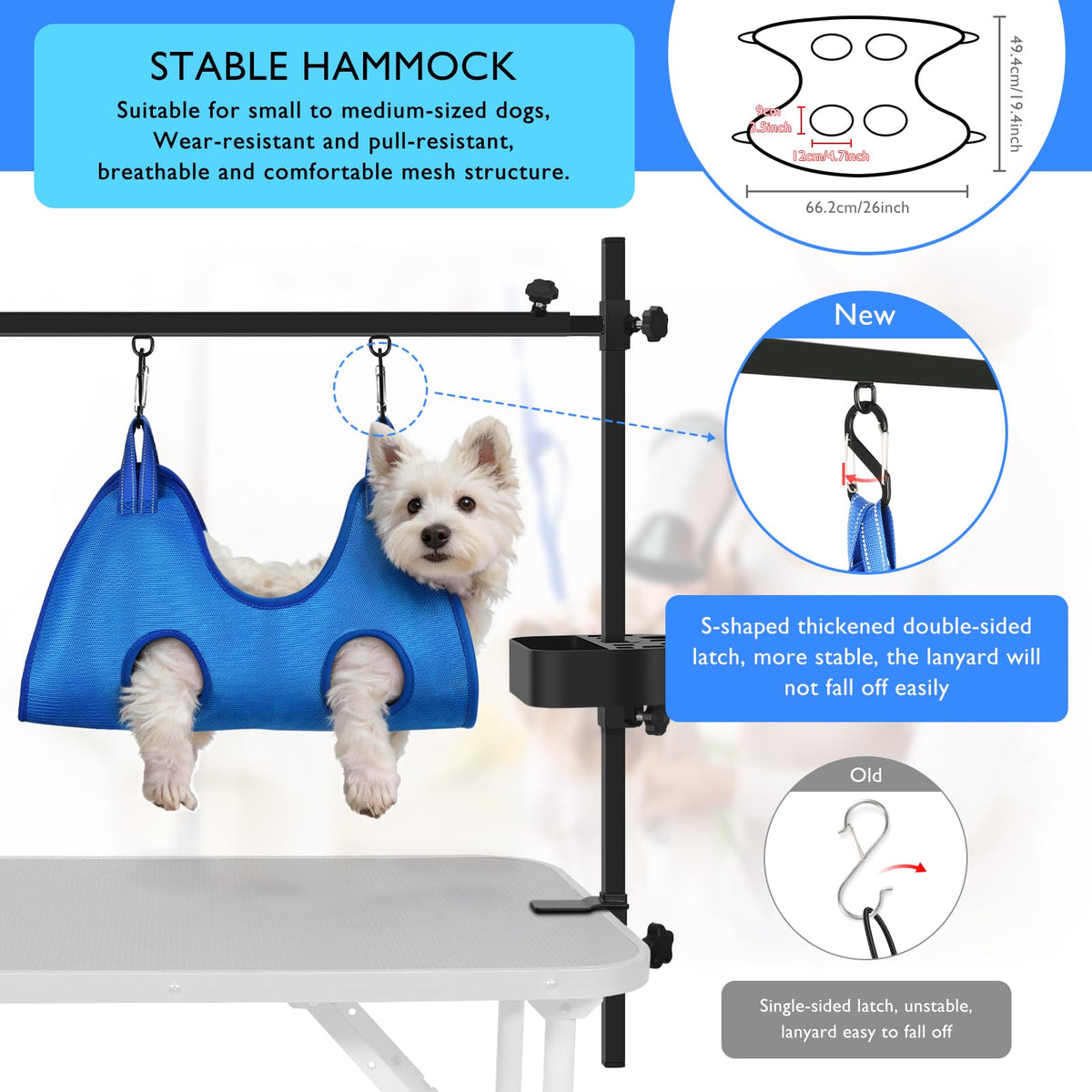H Shape Pet Grooming Table Arm with Grooming Hammock Tool Holder Noose and Clamp for Dogs and Cats Heavy Duty Aluminum Alloy Frame with 35.4” Adjustable Height and 36.2” ~ 50” Adjustable Width