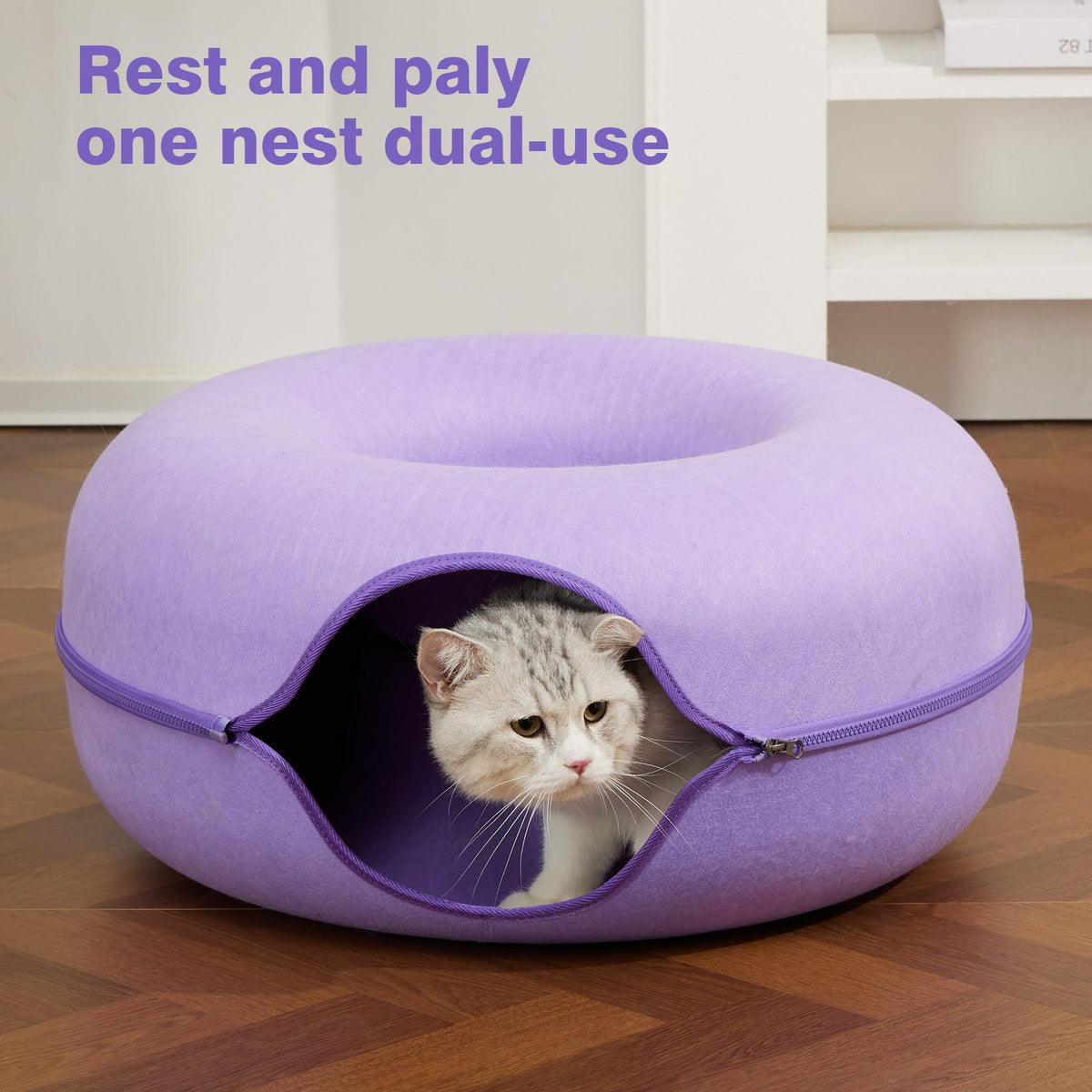 Cat Tunnel Bed for Indoor Cats with 3 Toys (L(24x24x11) / Purple)