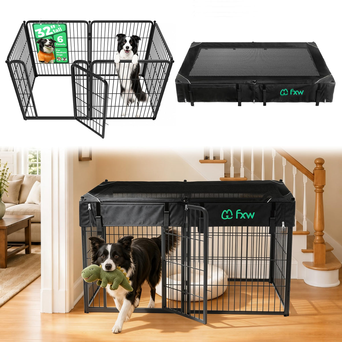 Homeplus Indoor Dog Playpen with Mesh Top Cover (Black / 32"H)