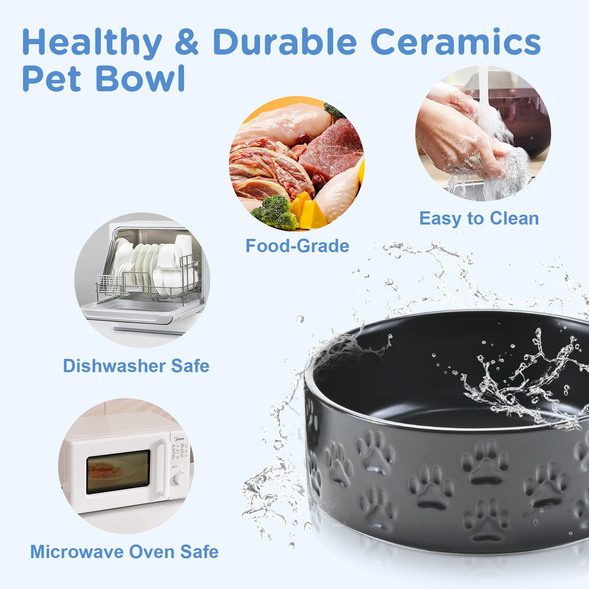 Ceramic Dog and Cat Bowls 2 Pack (6.1 in - 3.6 cups / Paw Black - Only Bowls*2)