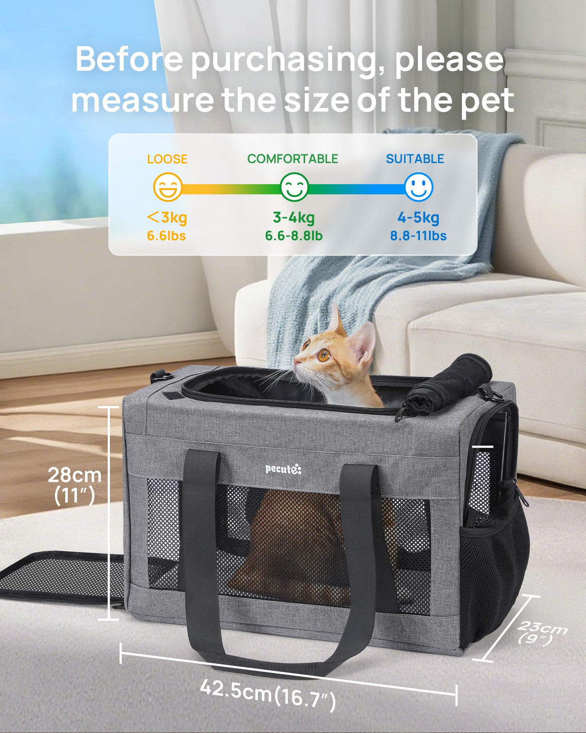 Airline Approved Cat Carrier (Grey / 16.7"L x 11.0"W x 9.0"H)