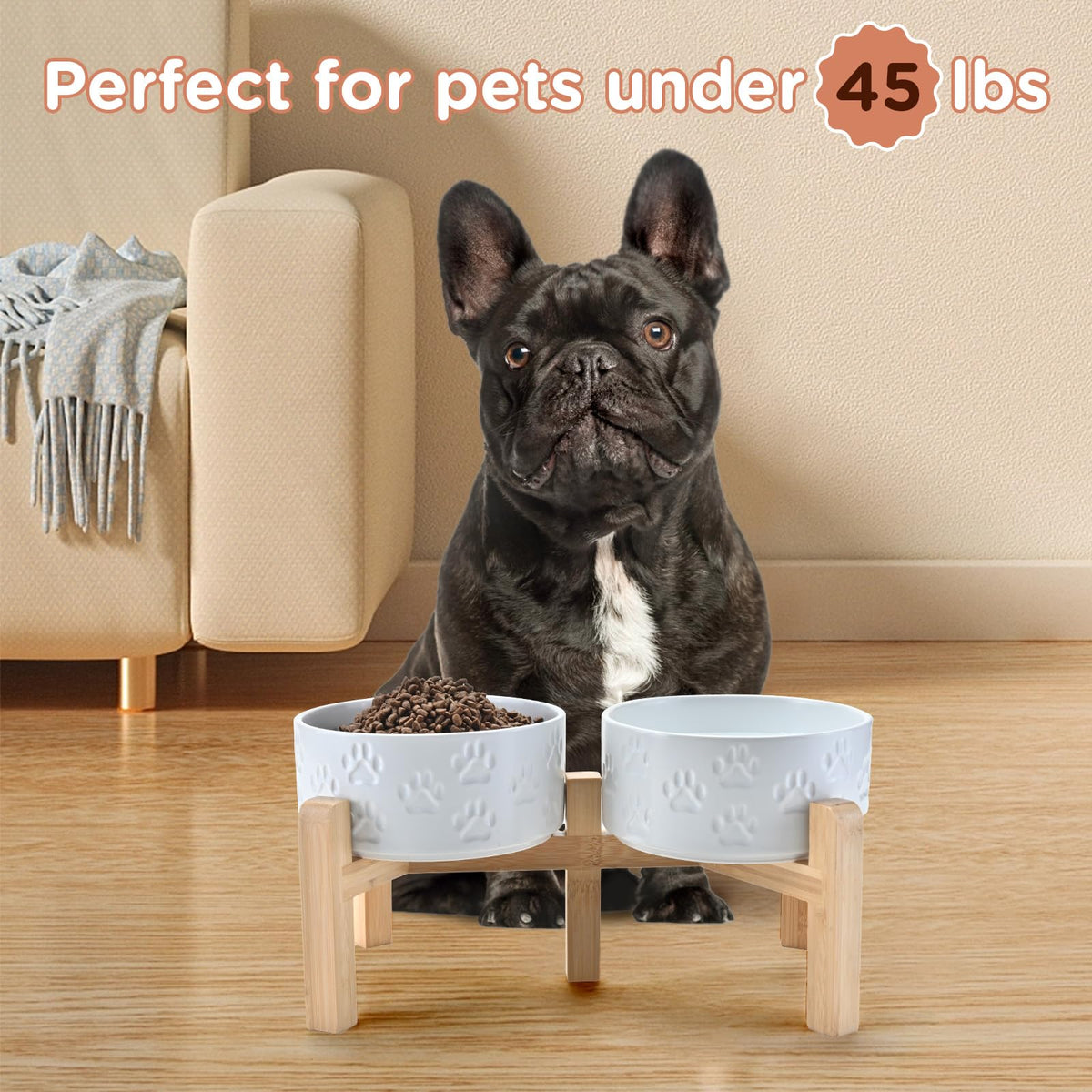 Elevated Dog Bowls Ceramic (6.1 in - 3.6 cups / Paw White)