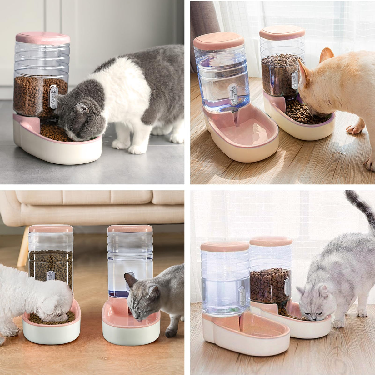 Automatic Dog Cat Feeder and Water Dispenser Gravity Food Feeder and Waterer Set with Pet Food Bowl for Small Medium Dog Puppy Kitten (Pink)