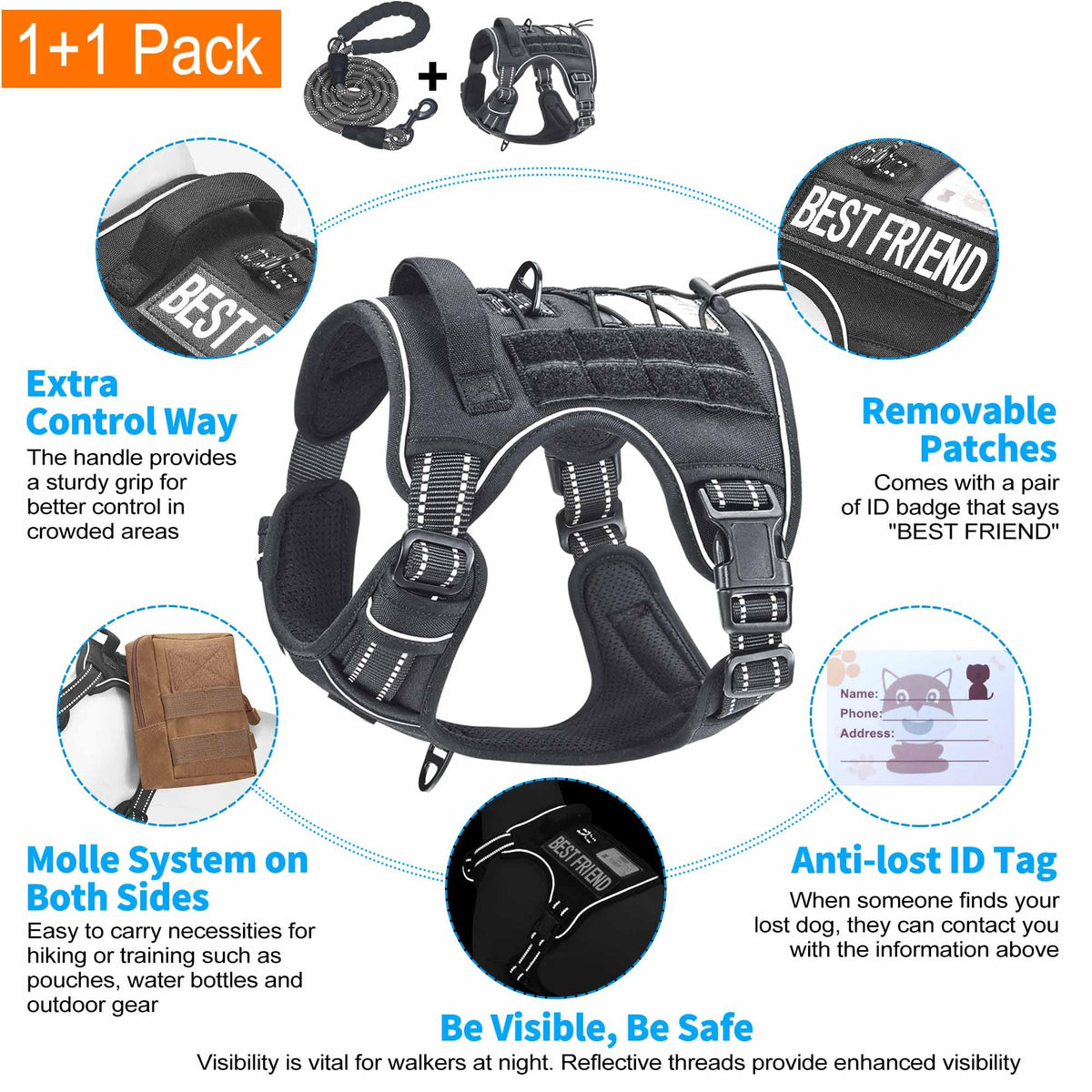 Tactical No Pull Dog Harness with Leash (Black / X-Large)
