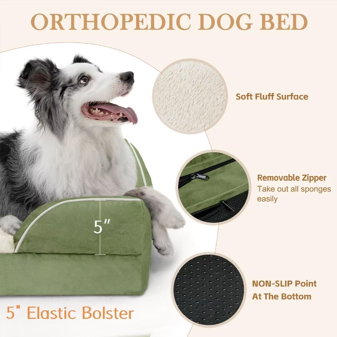 Orthopedic Dog Bed for Extra Large Dogs with Bolster (42.0"L x 30.0"W x 8.5"Th / Light Green)