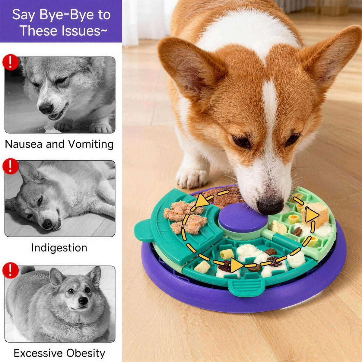 3-in-1 Slow Feeder Dog Bowl, Interactive Puzzle Feeder & Lick Mat (Flippable Puzzle Feeder (Purple))