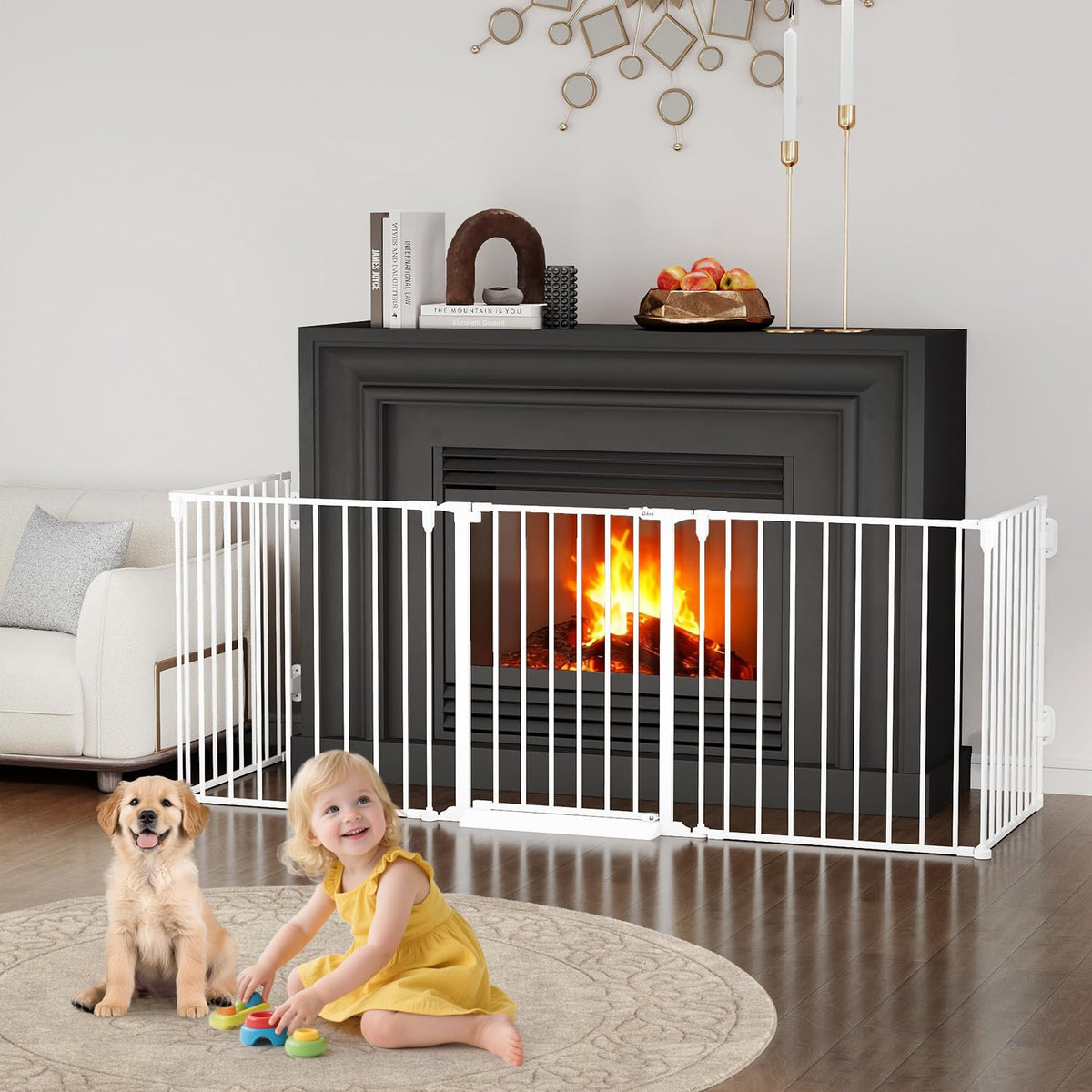 127.5" Wide Configurable Baby Gate for Fireplace Christmas Tree (White / 127.5" Wide)