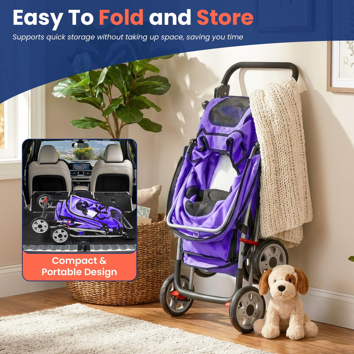 4 Wheel Foldable Pet Stroller (Purple / 4 Wheels)
