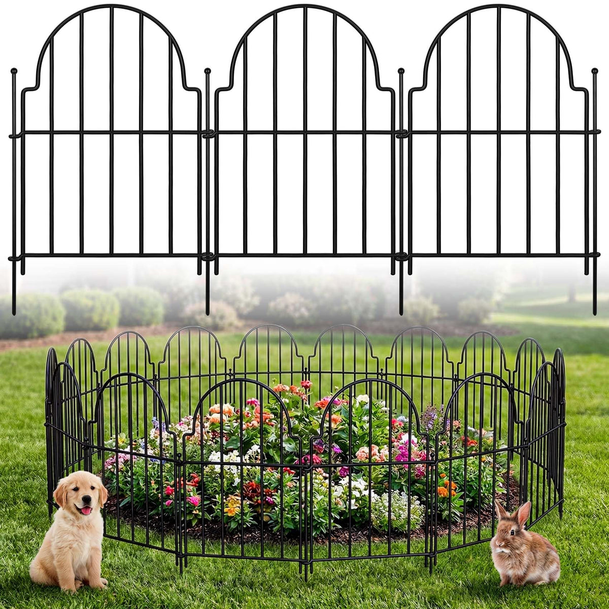 Decorative Garden Fence Panels 10 Pack (Black / 10 Pack - 16in (H) x 11ft (L))