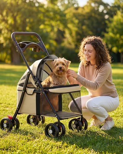 Foldable Pet Stroller for Small Dogs and Cats (Cream)