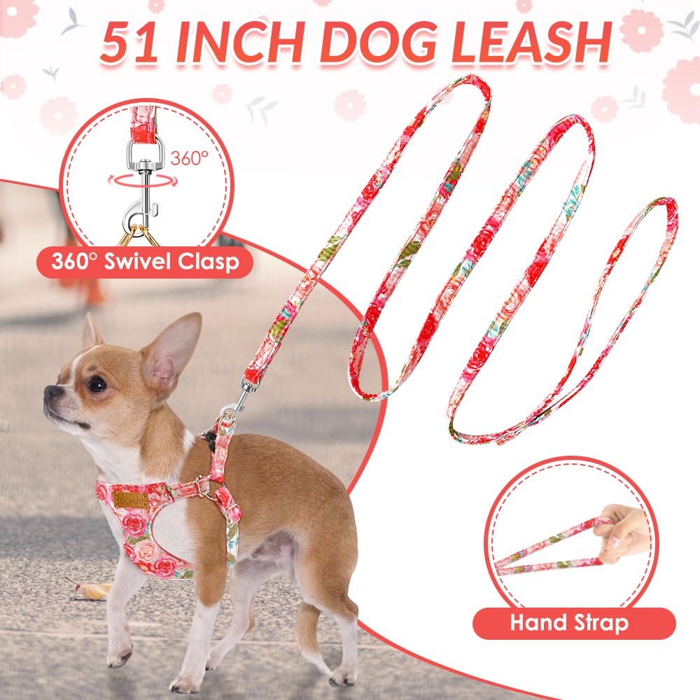 No Pull Dog Harness with Leash for Small Medium Dogs (X-Small(6-11lb) / Pink Rose)