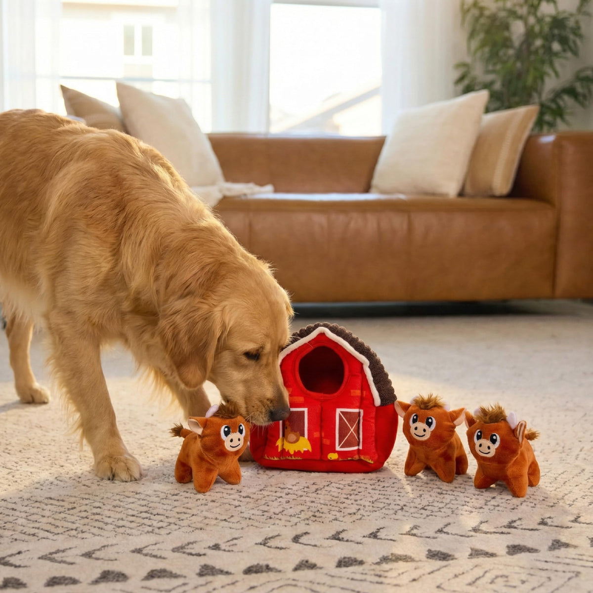 Hide-A-Cow Dog Toy, 2-in-1 Interactive Hide & Seek Plush Puzzle with Barn & 3 Squeaky Highland Cows