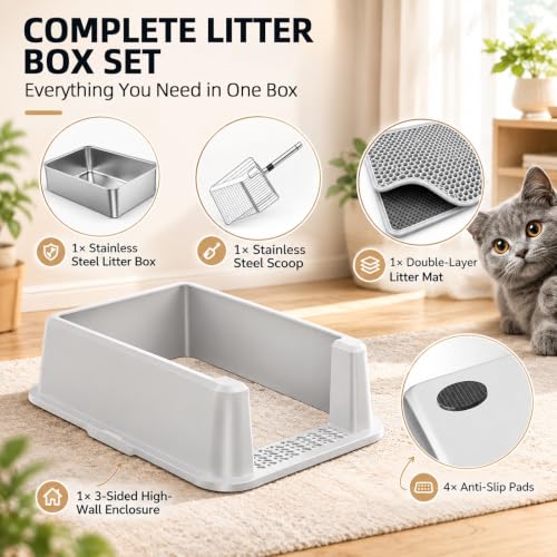 XL Stainless Steel Cat Litter Box with High Sided Enclosure (XL-Cool Grey)