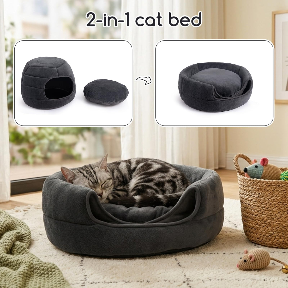 Cat Bed Cave for Indoor Cats for Pets up to 15 lbs (Gray Igloo)
