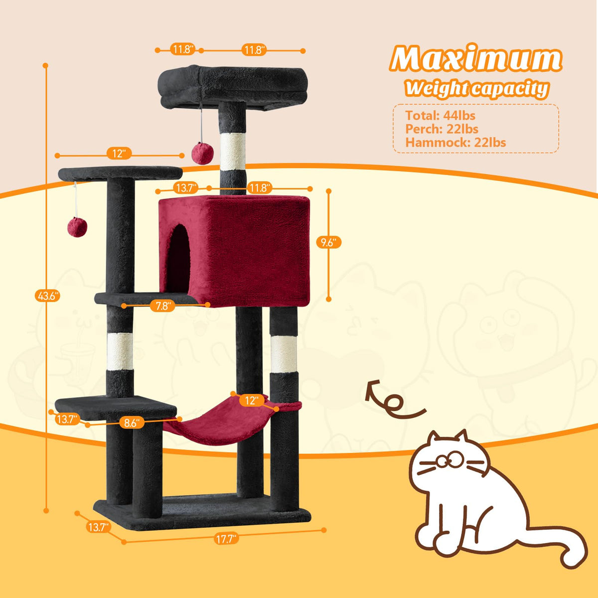 44 in Cat Tree Tower with Natural Sisal Scratching Posts (Black Red / 43.6"×13.7"×17.7")