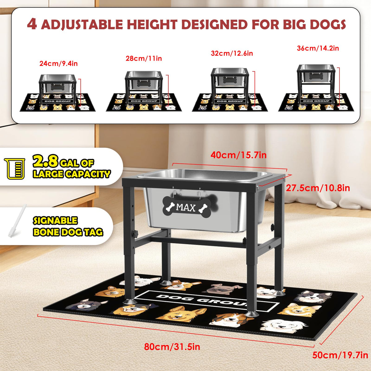 2.8 Gallon Elevated Large Dog Water Bowl (2.8 GAL Bowl / Height: 9.45-14.2")
