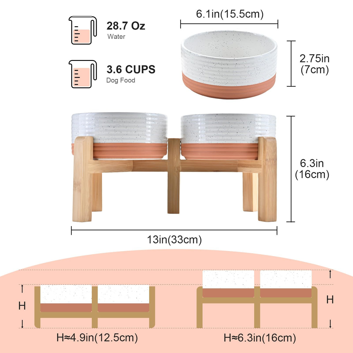 Elevated Dog Bowls Ceramic (6.1 in - 3.6 cups / Pattern White)
