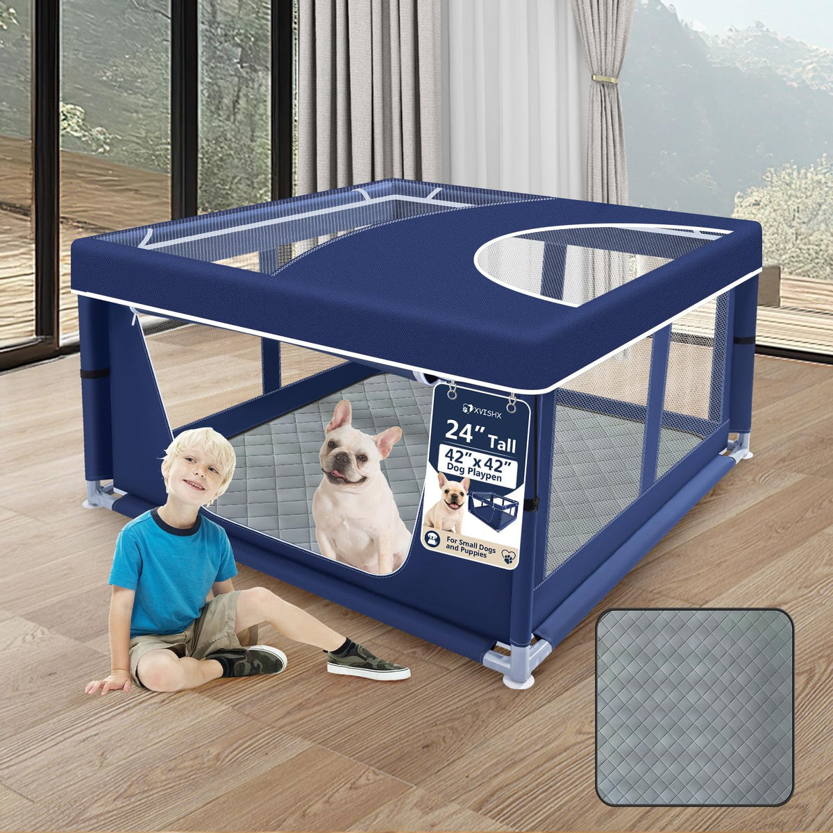 42x42 Inches Puppy Playpen with Cover&Dog Pads (Blue / 42x42 IN With Cover&Pad)