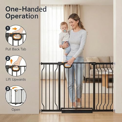 71.6 76.4 Inch Extra Wide Baby Gate with Door for Stairs Doorways (Black / 71.6-76.4inch)