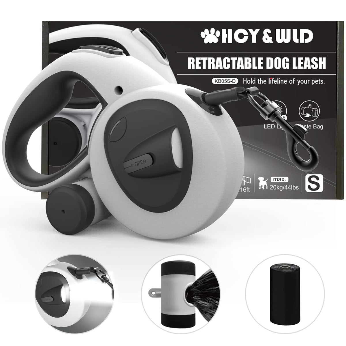 4-in-1 Retractable Dog Leash with LED Light & Dispenser & Poop Bags (Small)