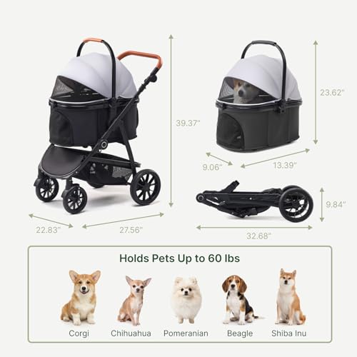 3-in-1 Dog Stroller for Small and Medium-Sized Dogs up to 55 lbs (DarkGray)