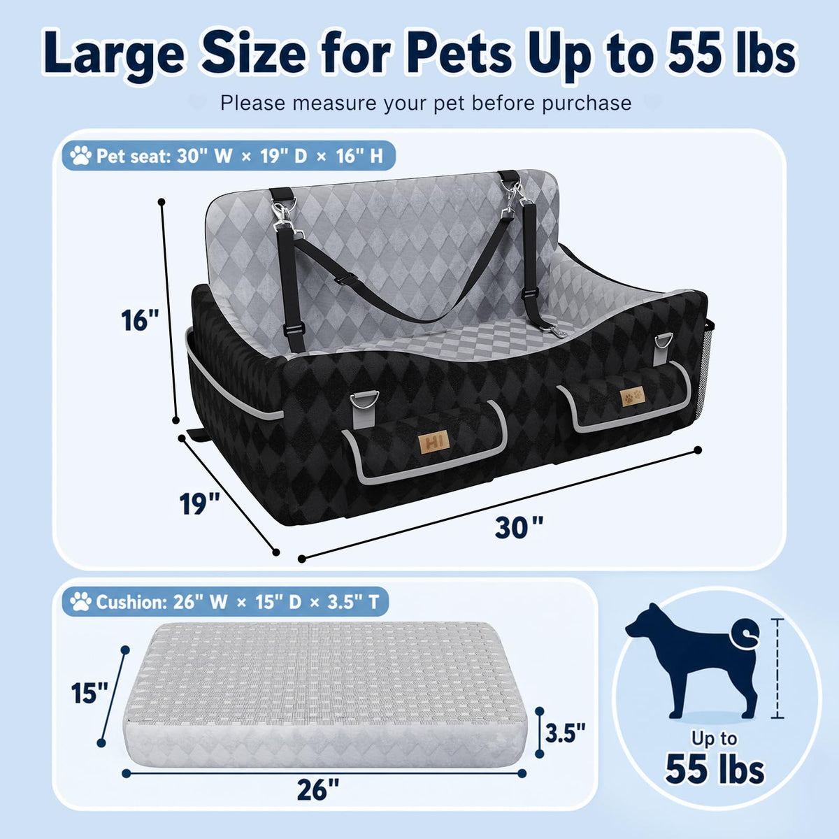 Dog Car Seat for Medium & Large Dogs Up to 55 lbs
