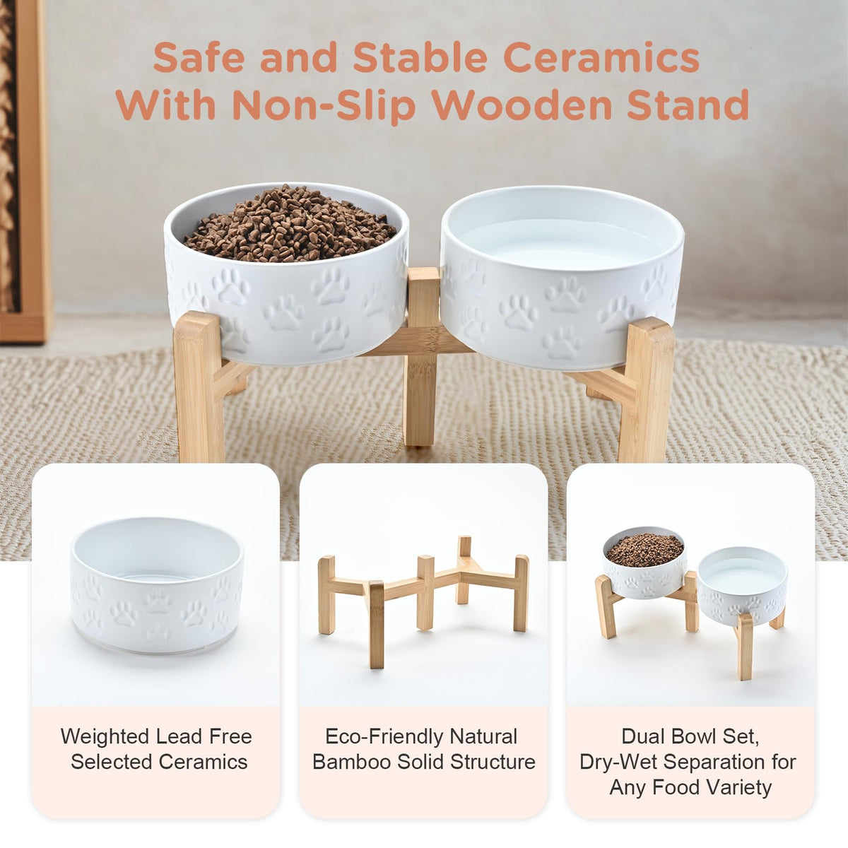 Elevated Dog Bowls Ceramic (6.1 in - 3.6 cups / Paw White)