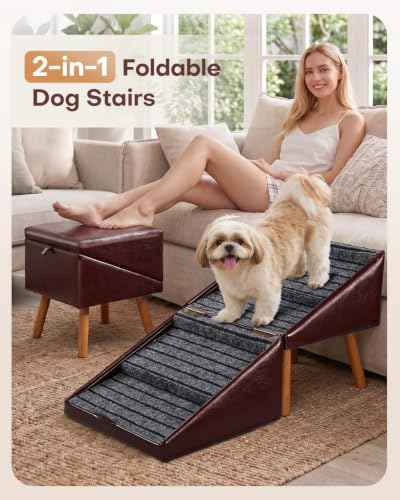 2 in 1 Foldable Ottoman Dog Ramp Faux Leather Dog Stairs (Oxblood Red / XL(17.13”H))