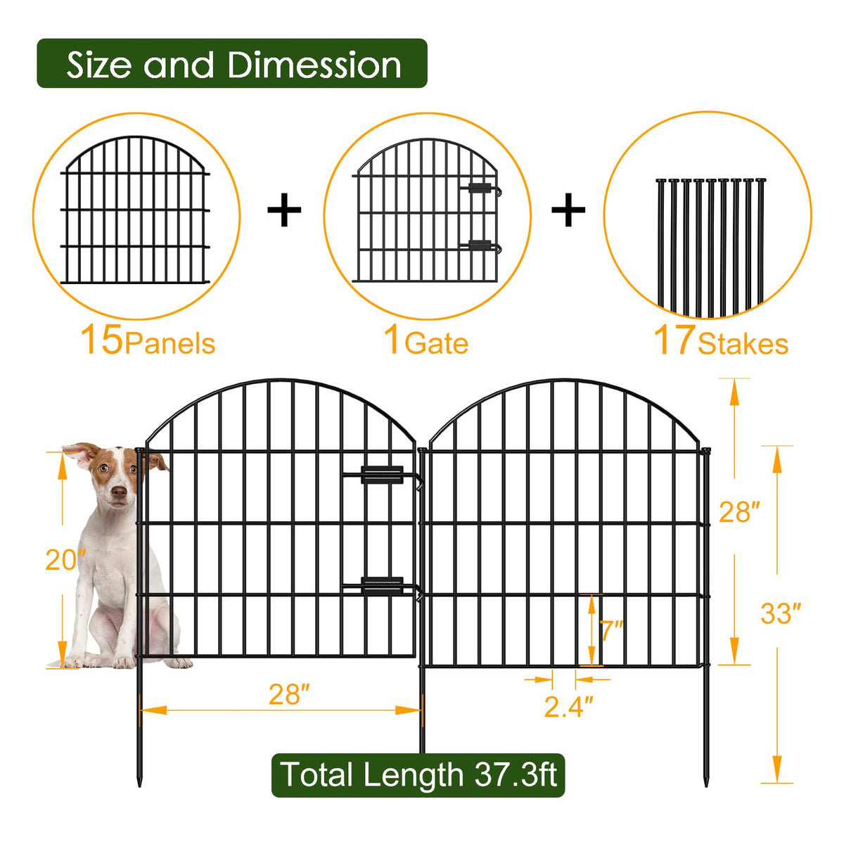 Metal Garden Fence with Gate 28 in x 37.3 ft (28"Hx37.3ft (Gate+15Panels))